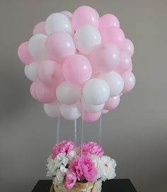 30 Pink white Balloon cluster on sticks with basket of 30 Pink white flowers at bottom